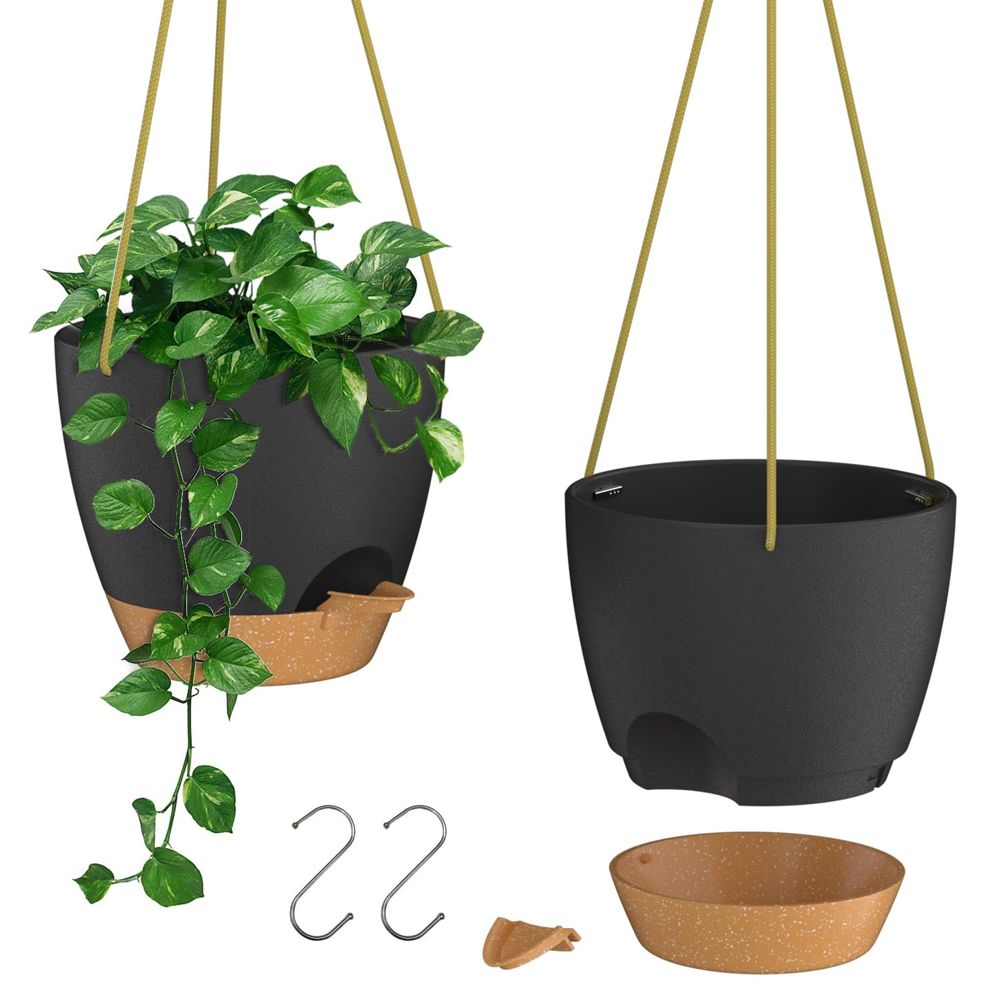 ZMTECH 6.5 Inch Hanging Planters for Indoor Outdoor Plants, 2 Pack Self Watering Hanging Plant Pots with Drainage Holes and Removable Saucer, Plastic Flower Hanging Pots with Watering Lip (Black)