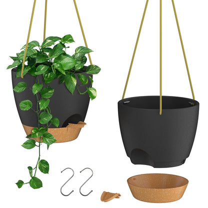 ZMTECH 6.5 Inch Hanging Planters for Indoor Outdoor Plants, 2 Pack Self Watering Hanging Plant Pots with Drainage Holes and Removable Saucer, Plastic Flower Hanging Pots with Watering Lip (Black)