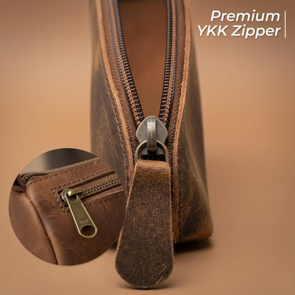 Wanderings Small Triangle Leather Pencil Pouch – 8.5" / 21.6 cm – Handcrafted Full-Grain Leather Zipper Case – Compact Brown and Stylish Pencil Case for Artists, Travel Makeup, Jewelry, and Purse Bag