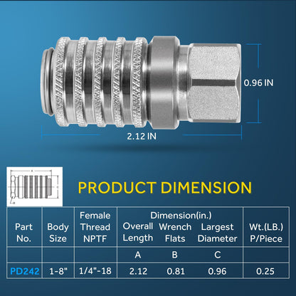 PD242 Series PD Steel Test Port and Diagnostic Equipment Quick Coupler with Female Pipe Thread, 1/8" Body Size, 1/4"-18 NPTF Thread Size, 2.12" Length