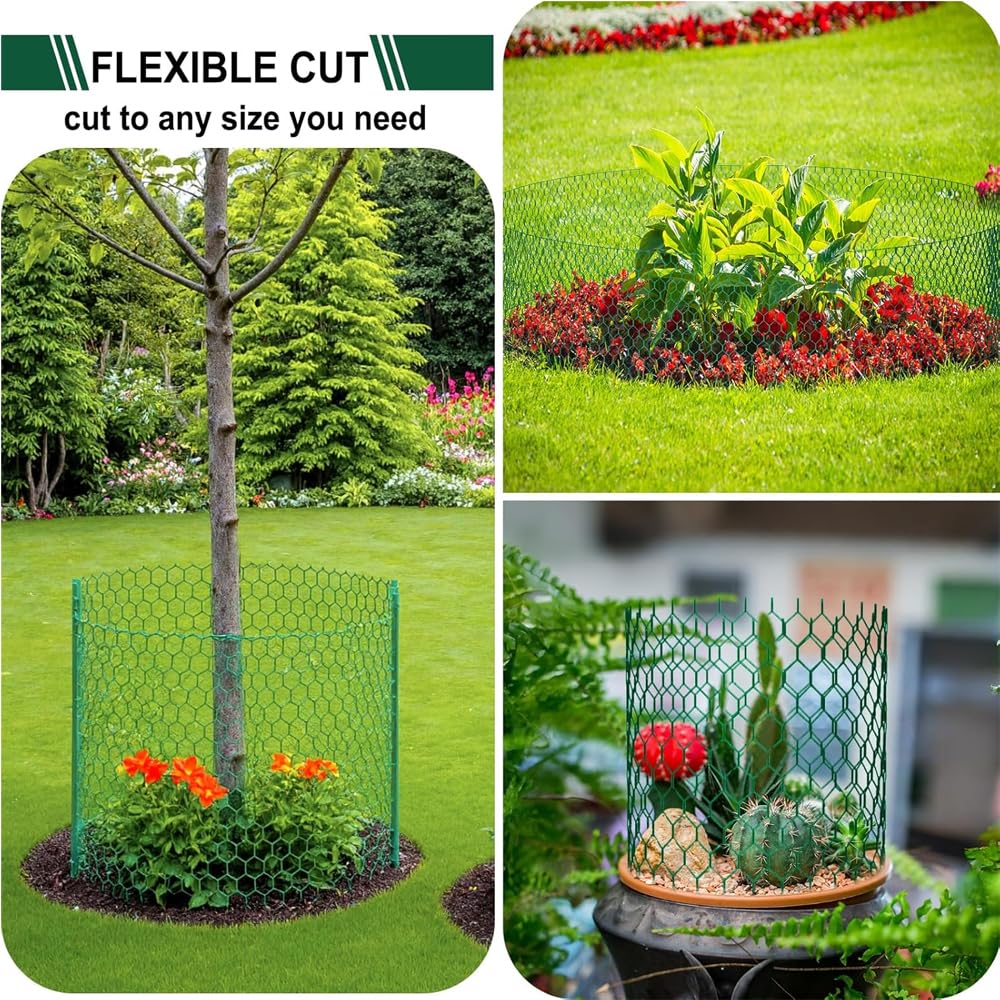 15.7 x 197 Inch Plant Protectors from Animals,Free-Cut Metal Mesh Outdoor Plant Cages,Guards Fence Chicken Wire Cloche with Ground Stakes & Ties to Keeping Rabbits Squirrels Chicken Animals Out