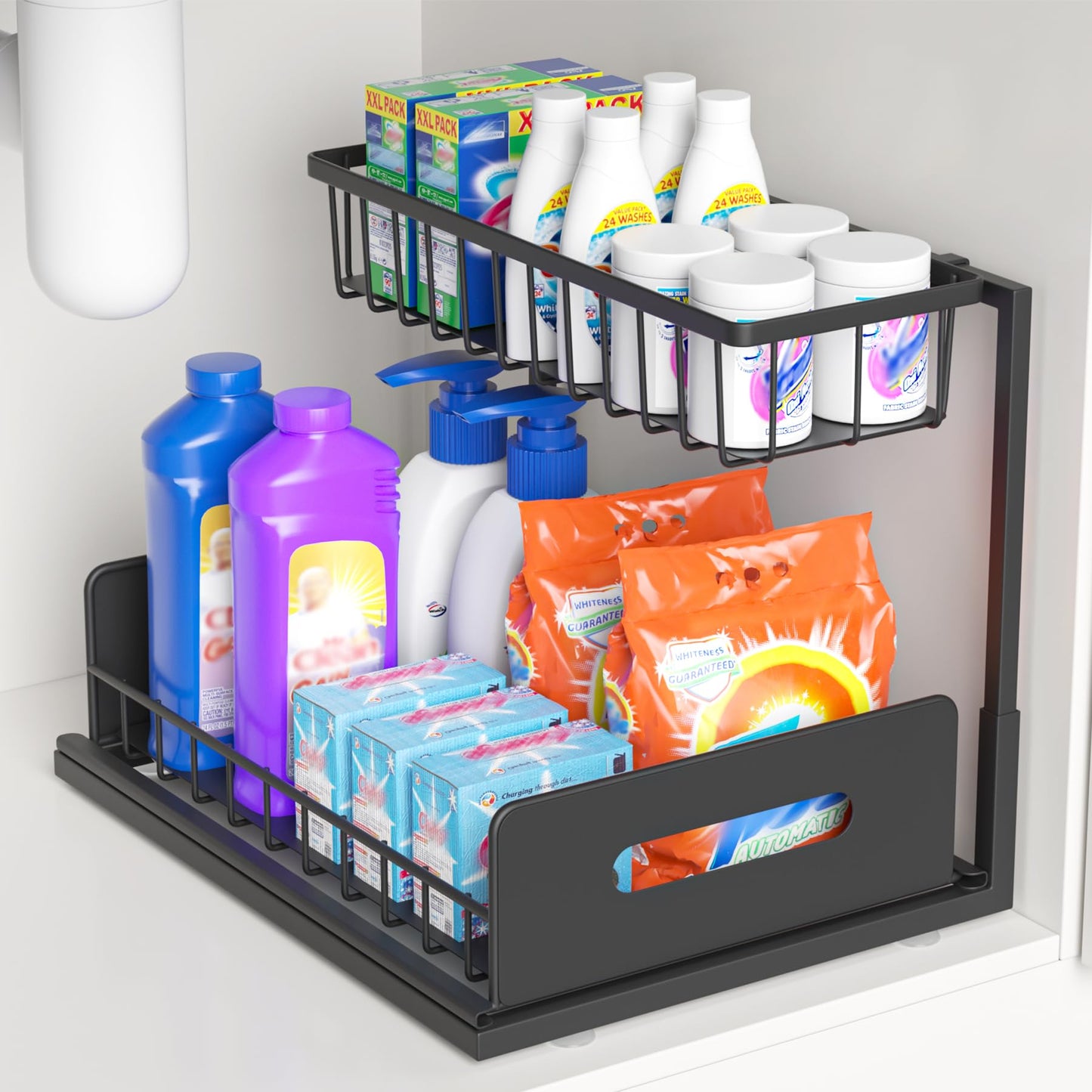 Under Sink Organizer, 2 Tier Kitchen Organizers and Storage, Pull Out Cabinet Organizer for Kitchen, Bathroom, Washroom, Cabinet Cupboard Organizers and Storage (1 Pack - Black)