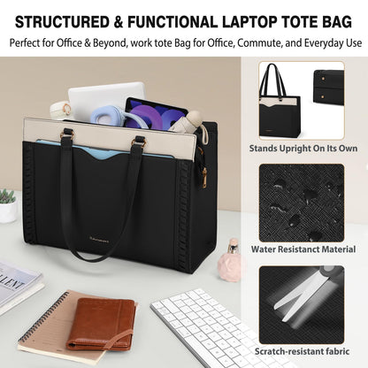 RAINSMORE Laptop Bag for Women 15.6 Inch Work Tote Bag for Women with Detachable Strap & Bow Leather Professional Laptop Tote with Cup Holder, Office Business Briefcase Large Handbag，Black-White