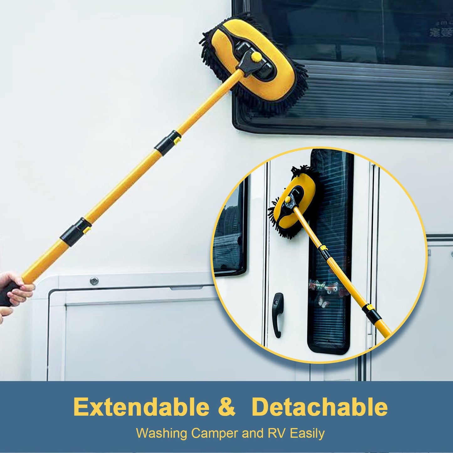 YeewayVeh Car Wash Brush with Long Handle, Car Wash Mop with Replaceable Microfiber Cover, Microfiber Cleaning Supplies with 15° Curved Extension Pole Washing Kit for RV Truck Camper, Yellow
