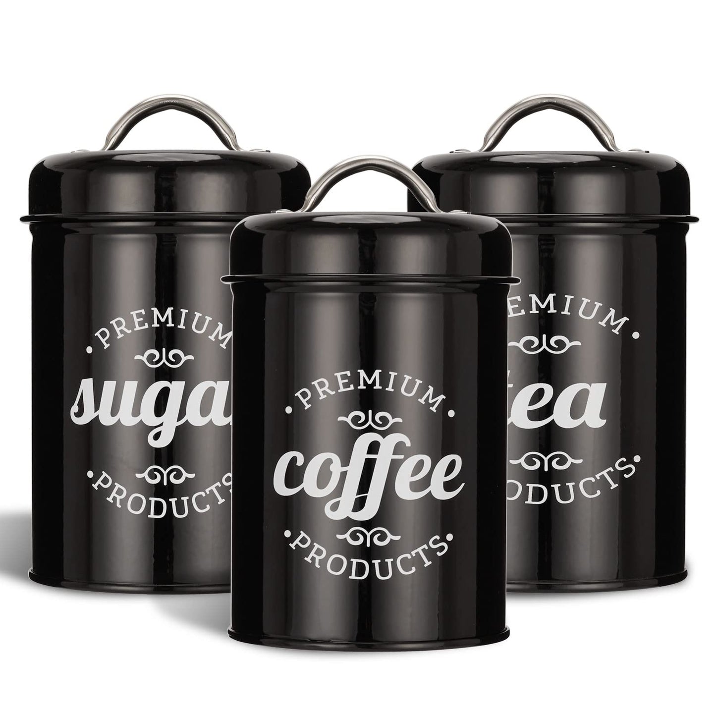 3 Piece Black Food Jars Canisters Sets, Airtight Coffee Container, Tea Organizer, And Sugar Canister, Rustic Farmhouse Decor for Kitchen Countertop