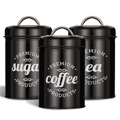 3 Piece Black Food Jars Canisters Sets, Airtight Coffee Container, Tea Organizer, And Sugar Canister, Rustic Farmhouse Decor for Kitchen Countertop