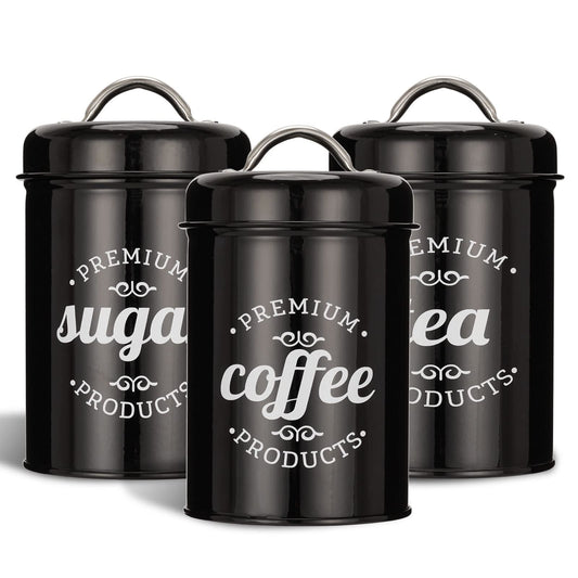 3 Piece Black Food Jars Canisters Sets, Airtight Coffee Container, Tea Organizer, And Sugar Canister, Rustic Farmhouse Decor for Kitchen Countertop