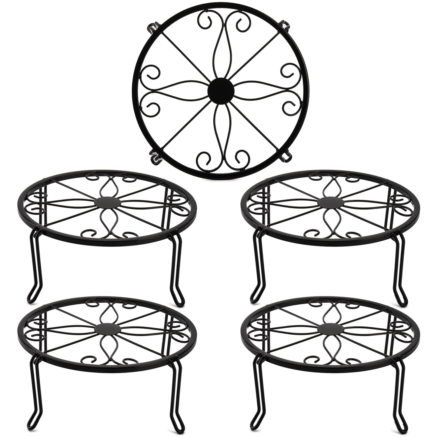 Tosnail 5-Pack Black Metal Plant Stands for Indoor & Outdoor, Holds Up to 60 lb Each, Double Braces Legs
