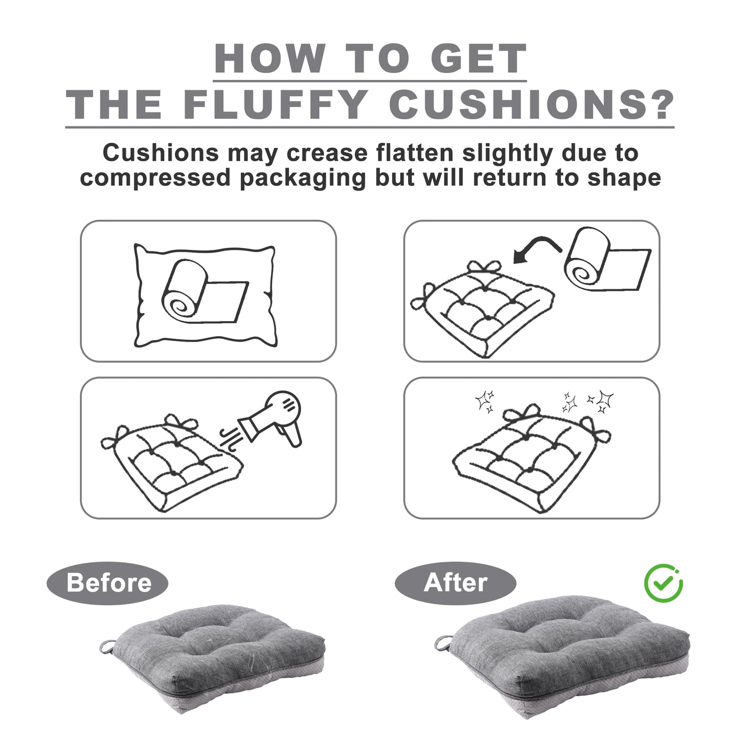 Battilo Chair Cushions Set of 2 for Reading Seats, Seat Cushions for Kitchen Dining Chairs with Non-Slip Backing, Indoor/Outdoor Waterproof Chair Seat Pads with Ties, 40cm x 40cm x 10cm, Dark Grey