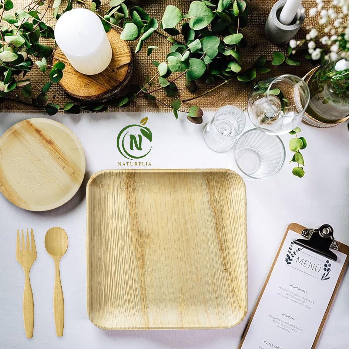 Naturelia 100% Compostable 8-Inch Palm Leaf Disposable Plates Square- Faux Wood Style Dinnerware Set, Reliable Kitchen Accessories Safe for Microwaves, Ovens and Freezers, Square Plates