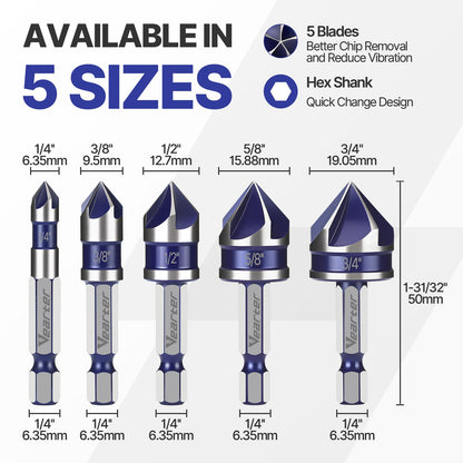 Vearter Countersink Drill Bit Set 1/4'' to 3/4'', 5PCS HSS 5-Flute Chamfer Bits with 1/4" Hex Shank Quick Change & Clear Storage Case, Woodworking Tools for Metal, Wood, Plastic
