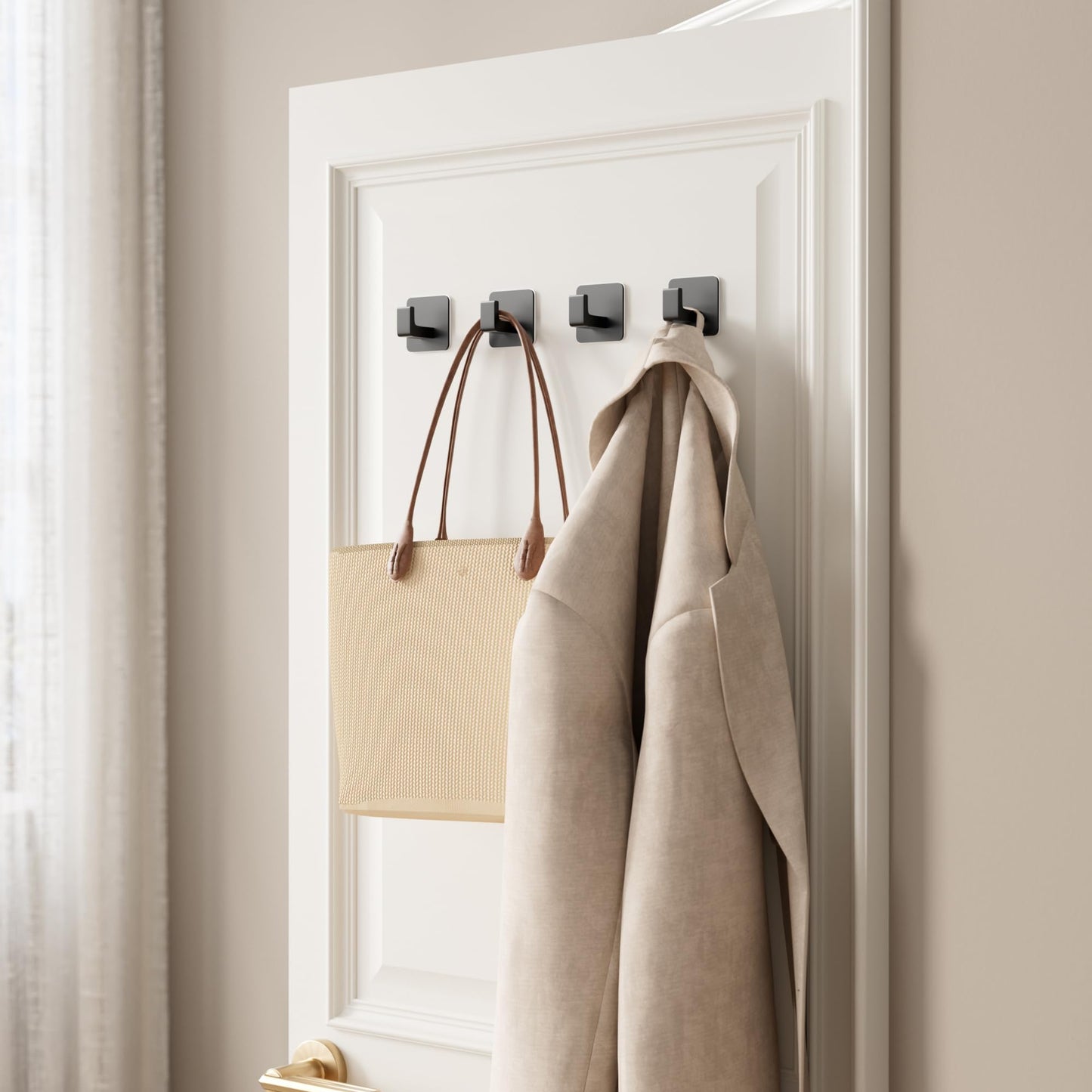 Square Self Adhesive Towel Hooks - 6 Pack White Stylish Hooks for Hanging Towels, Robes, Hats, and Keys in Bathrooms, Closets, Cabinets, and Behind Doors