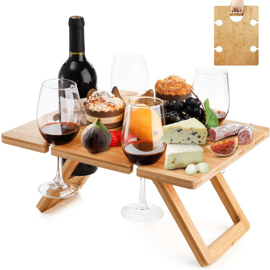 YOUEON Portable Wine Picnic Table with 5 Wine Glasses Holder, Foldable Champagne Snack Tables, Beverage and Cheese Table for Picnic, Camping, Park, Beach, Outdoor Lover Gift