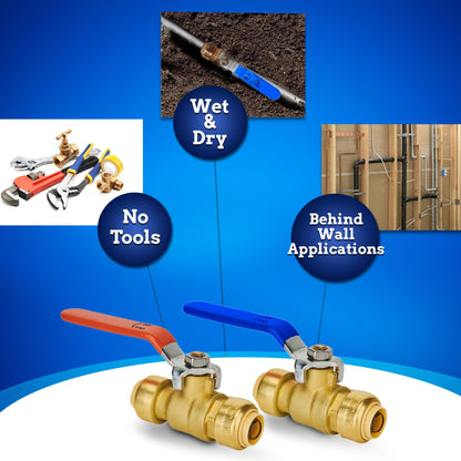 New Age America® 3pcs Push-Fit Ball Valve AquaFlow 360™ | 1/2" Ball Valve Shut Off | 1pc Hot (Red) & 1pc Cold (Blue) w Removal Tool | Full Port Shut Off | 1/4" Turn | Push-to-Connect | NSF/ANSI & UPC
