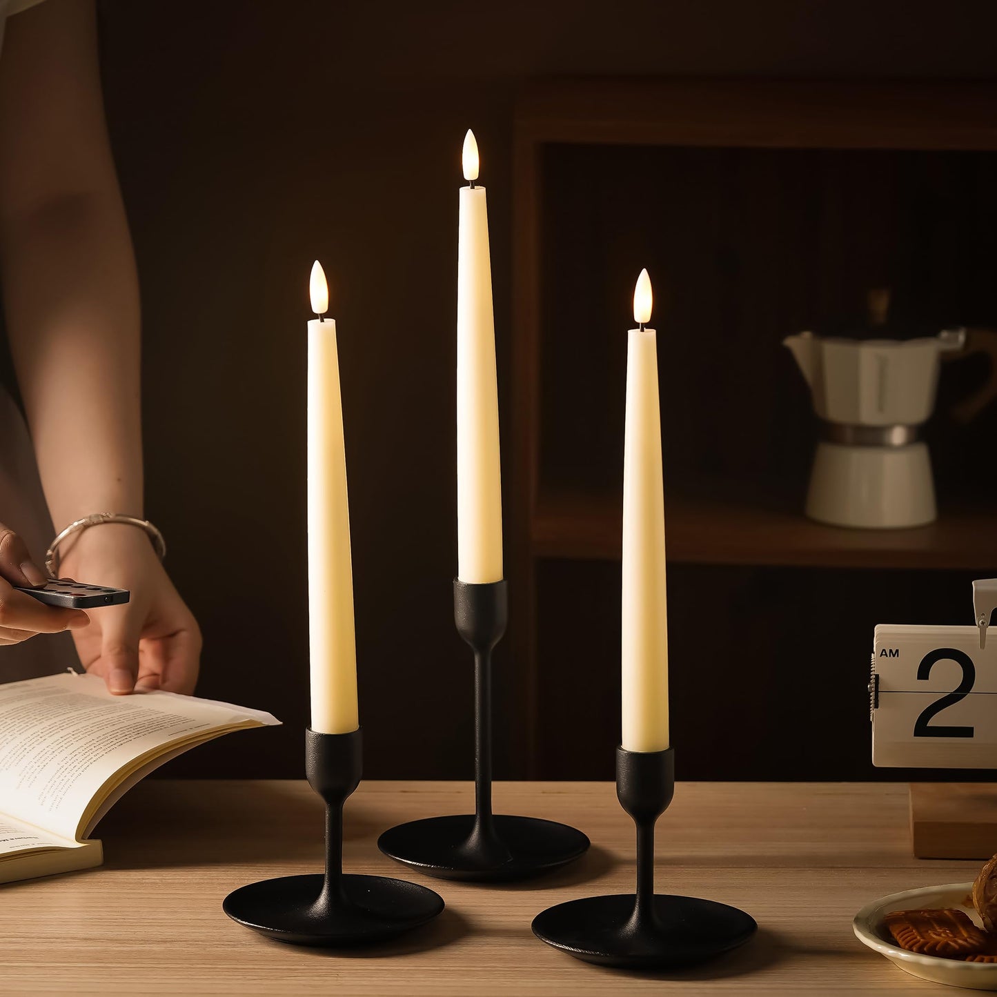 Stmarry Ivory Flameless Taper Candles with Remote and Timer, 9.65 Inch Real Wax LED Candlesticks, Battery Operated Tall Taper Candles with 3D Flickering Flame, Christmas Home Wedding Decor, 3 Pack