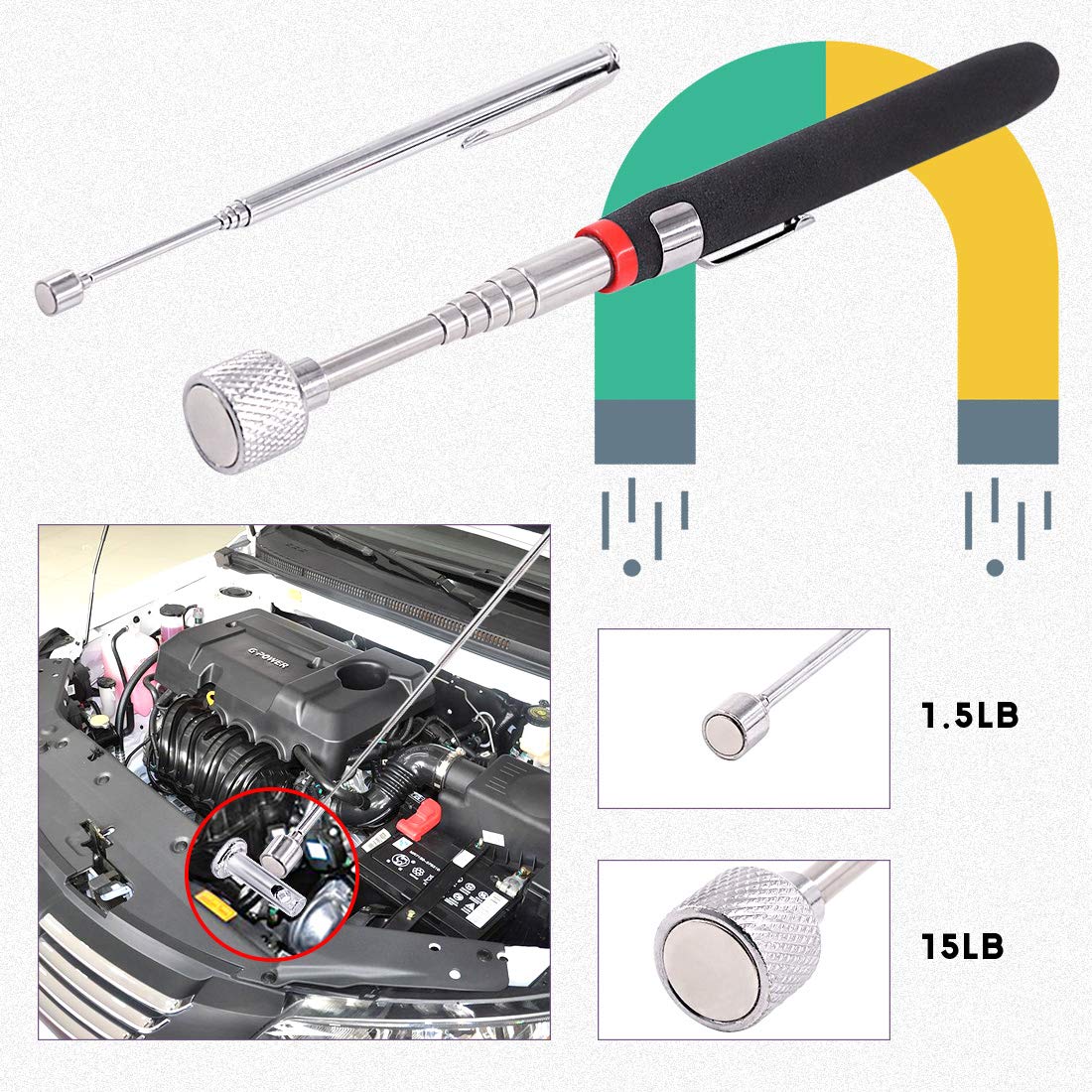 Swpeet 5Pcs Magnetic Telescoping Pick-up Tool Kit with Carry Case, 360 Swivel Adjustable Inspection Mirror, 15lb and 1lb Pick Up Rod and Telescoping Flexible LED Flashlight (Batteries Included)