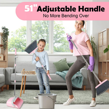 XXFLOWER Broom and Dustpan Set with Split Bristles,Upright Standing Dust Pan with Comb Teeth for Floor Cleaning,Broom with Dustpan Combo with Long Handle for Home Kitchen Lobby Office(Gray Pink)