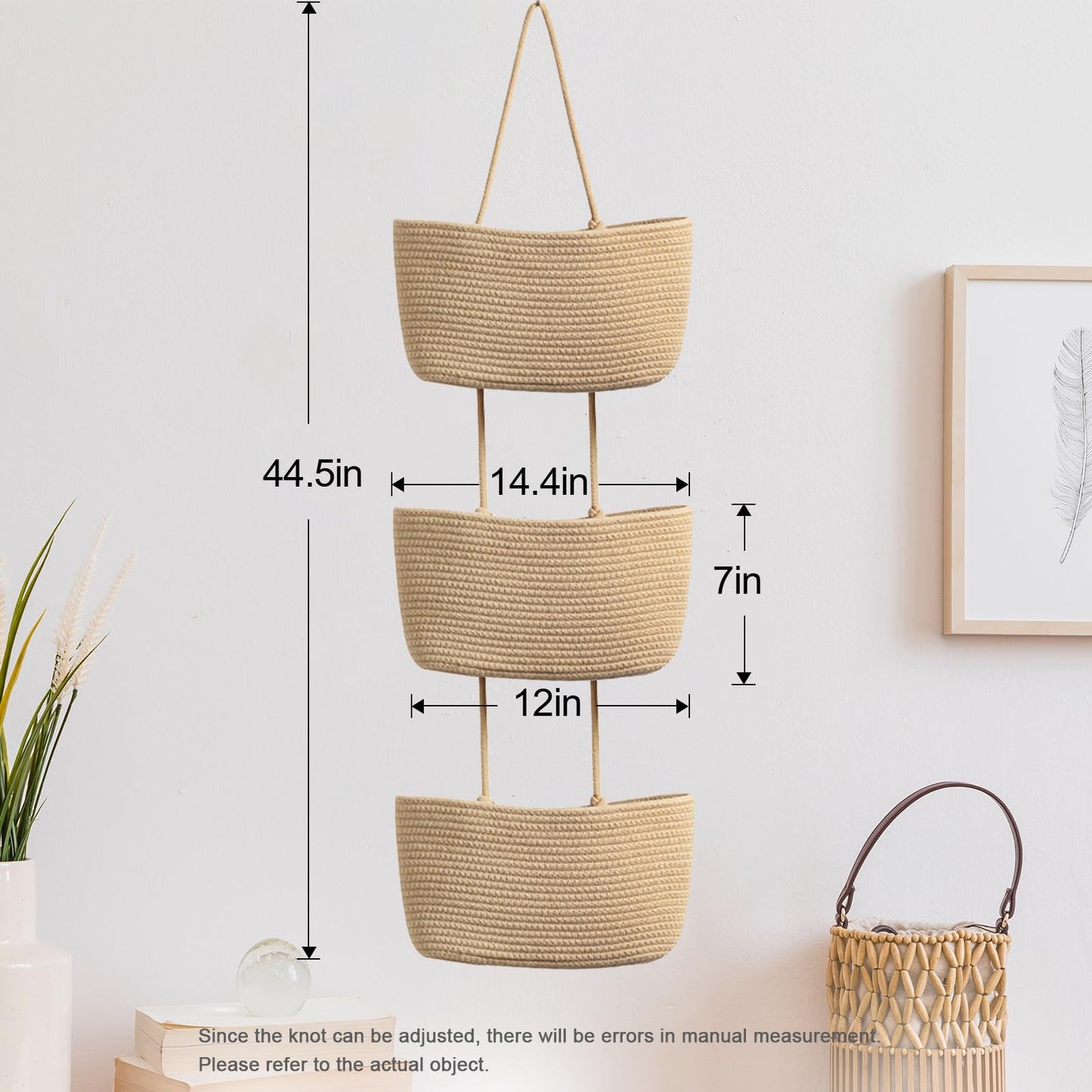 TeoKJ Over the Door Hanging Basket, 3-Tier Woven Cotton Wall-Mounted Storage Organizer Bag Decorative Hanging Nursery Baskets - Jute