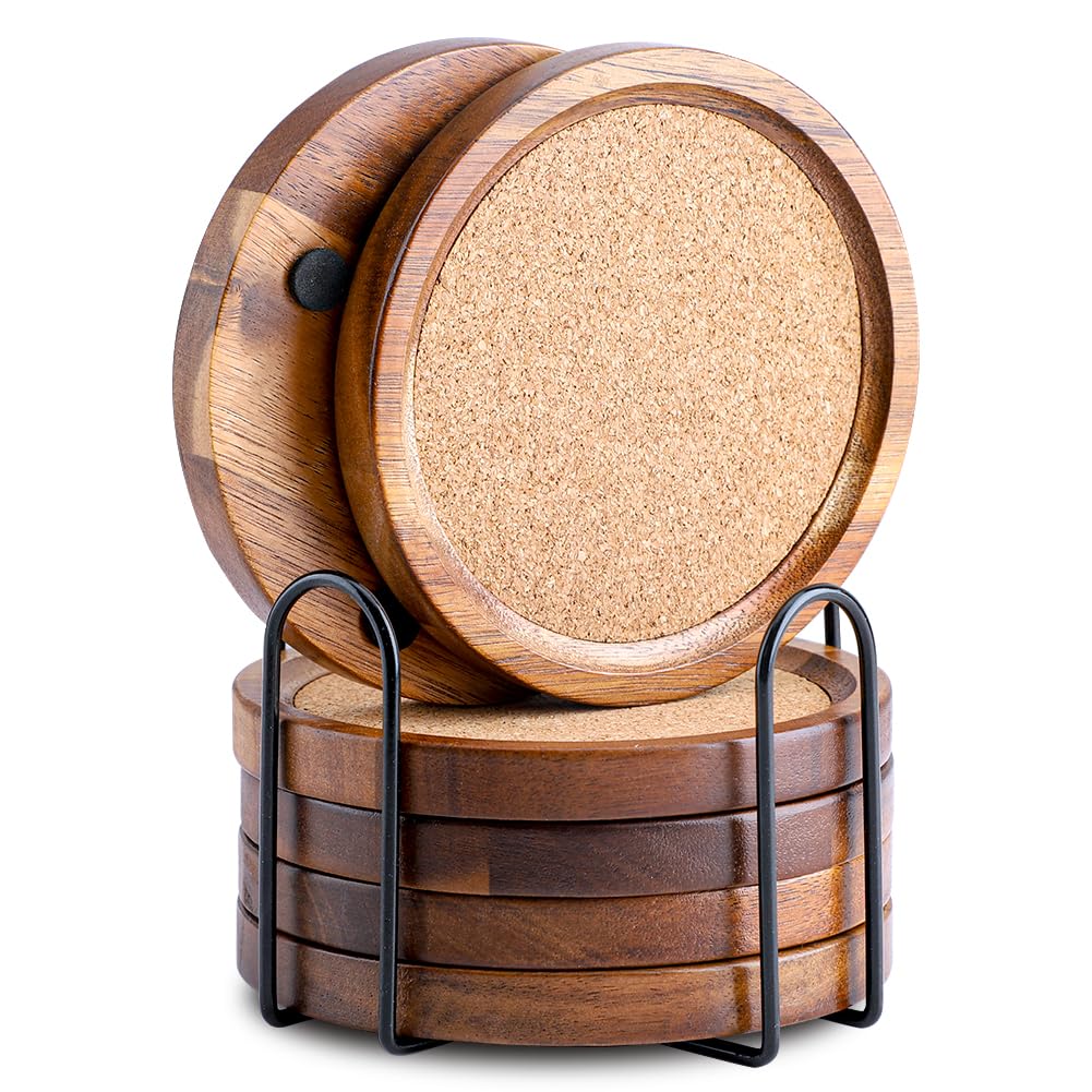 WLWNWFT Acacia Wood Coasters with Holder - Absorbant Cork Coasters for Drinks | Set of 6, 4.33in