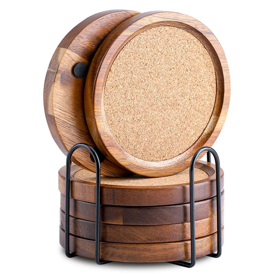WLWNWFT Acacia Wood Coasters with Holder - Absorbant Cork Coasters for Drinks | Set of 6, 4.33in