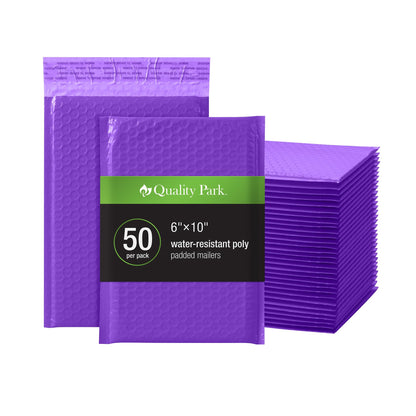 Quality Park Bubble Mailers, 6 x 9, Purple Poly Mailers, Padded Envelopes, Shipping Bags, Water Resistant, Self Seal, 50 Per Box (QUA85904)