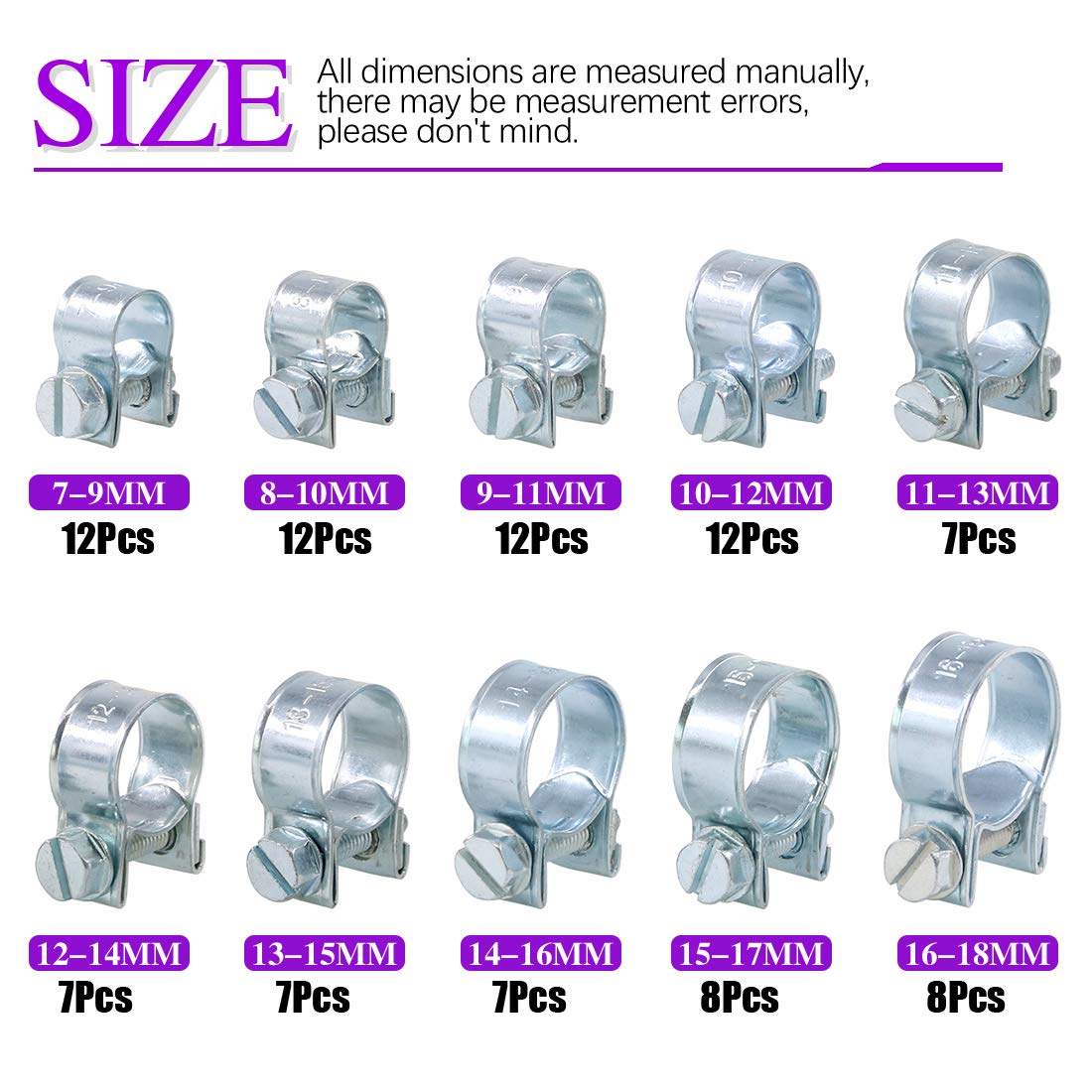 Swpeet 92 Pieces 10 Sizes Mini Hose Clamps Style Fuel Injection Line Zinc Plated Assortment Kit Perfect for Automotive, Agriculture, Plant and Construction