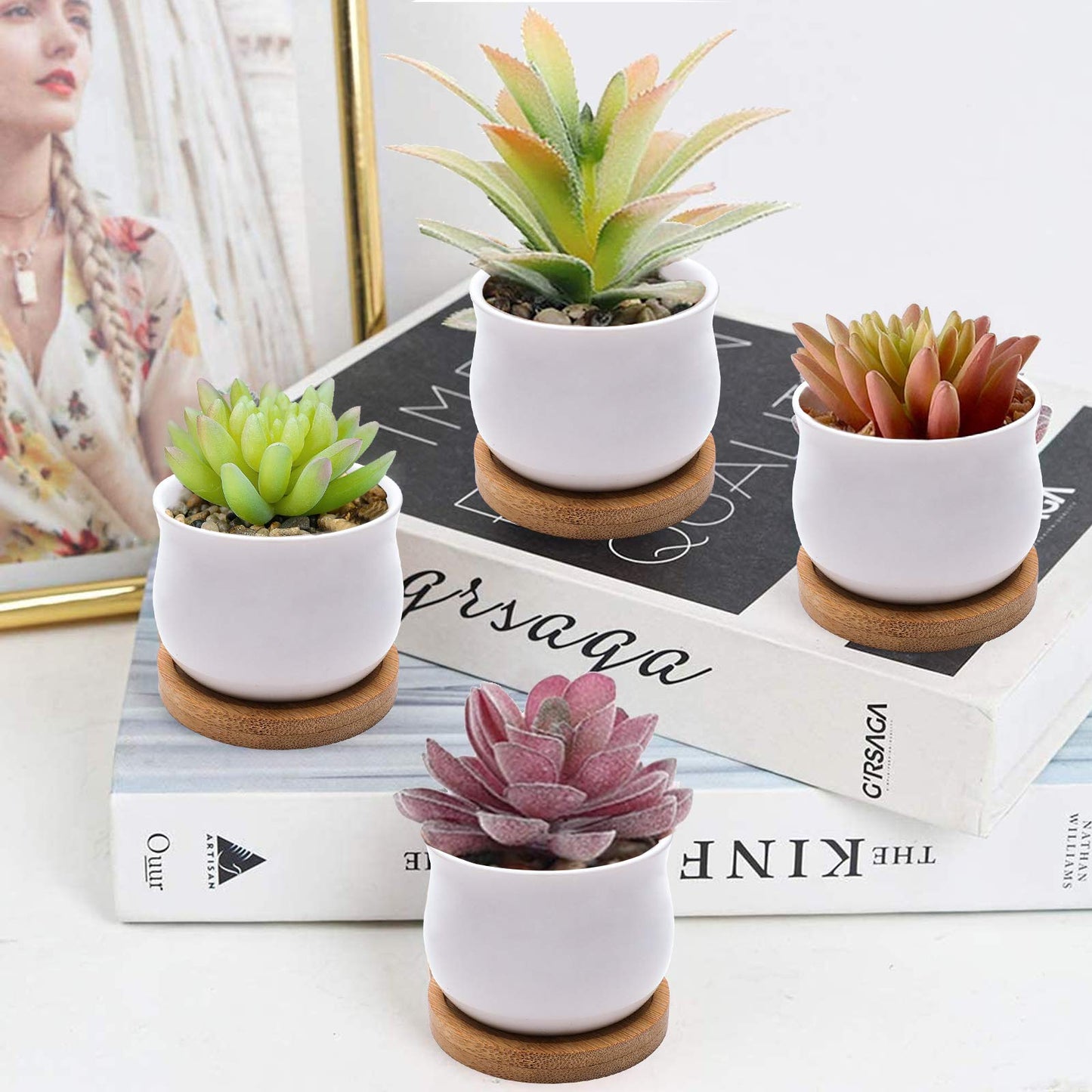 Succulent Plant Pot, SHECIPIN White Mini 2.5 inch Ceramic Flower Planter Pot with Bamboo Tray, Pack of 8 - Plants Not Included