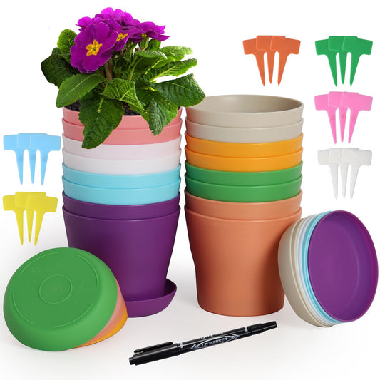 Plant Pots, Cookmaster 16 Pack 5.5 inch Modern Plastic Planters with Drainage Holes and Saucers for Indoor Outdoor Plants and Flowers (Assorted 8 Colors)