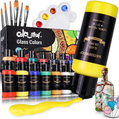 Colorful Stain Glass Paint Set with 6 Brushes, 1 Palette, 14 Colors Waterproof Permanent Glass Painting Kit for Arts on Wine Glasses,Bottle and Windows