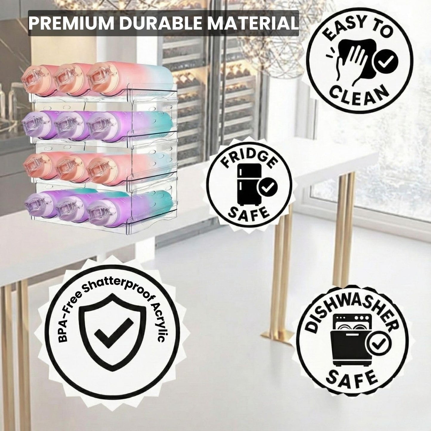 Water Bottle Organizer for Fridge –Versatile Stackable Water Bottle Holder & Storage Rack for Pantry, Cabinet, Counter or Water Bottle Organizer for Kitchen & RV Includes Two Cleaning Towels