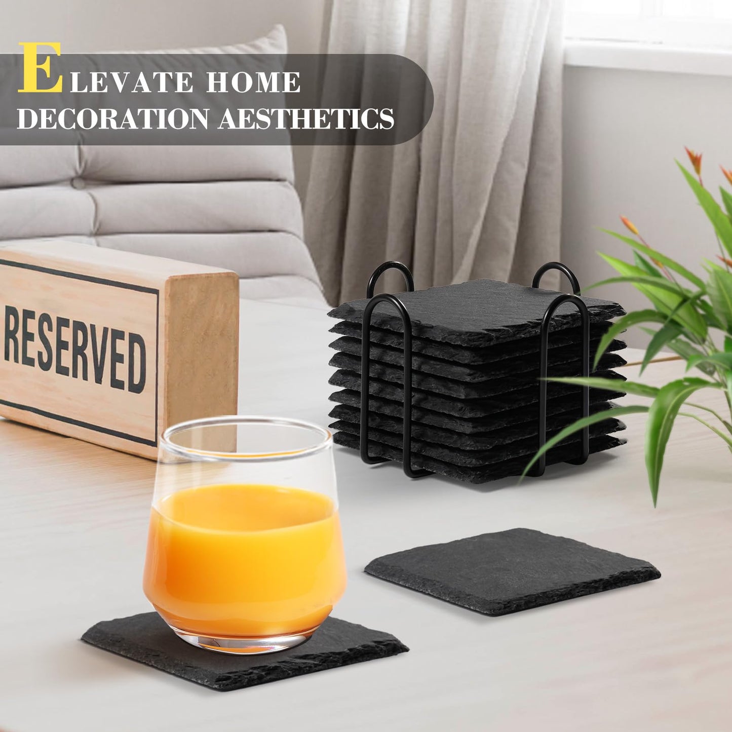 Slate Drink Coasters with Metal Holder, GOH DODD Set of 8 Black Coasters 4 Inch Stone Coaster Set Coffee Table Decor Tabletop Protection for Home Kitchen Housewarming Gifts Wedding Party, Square