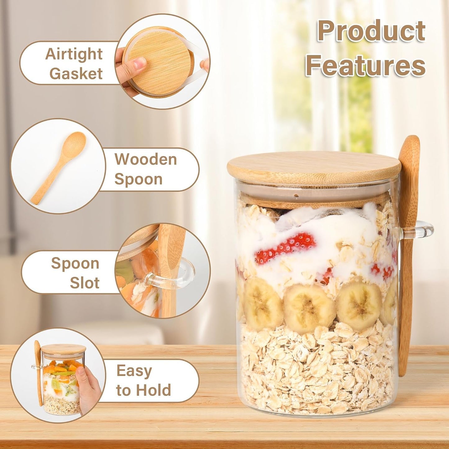 POLCANUR Glass Overnight Oats Jar, 4 Pack Containers with Bamboo Lids and Spoons, 18 OZ Glass with Clear Food Storage Jar for Sugar, Spices,Coffee Bean,Flour,Cookie,Candy,Nuts,Bath Salt Reusable Jars