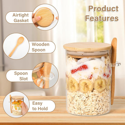 POLCANUR Glass Overnight Oats Jar, 4 Pack Containers with Bamboo Lids and Spoons, 18 OZ Glass with Clear Food Storage Jar for Sugar, Spices,Coffee Bean,Flour,Cookie,Candy,Nuts,Bath Salt Reusable Jars