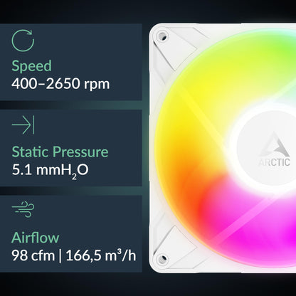 ARCTIC P14 Pro Reverse A-RGB – 140 mm Premium Fan with Reverse Airflow, PWM Fan with Y Cable Splitter, 400-2650 RPM, 0 RPM <5% PWM, 5V Digital RGB, hydrodynamic Bearing, 4-Pin - White