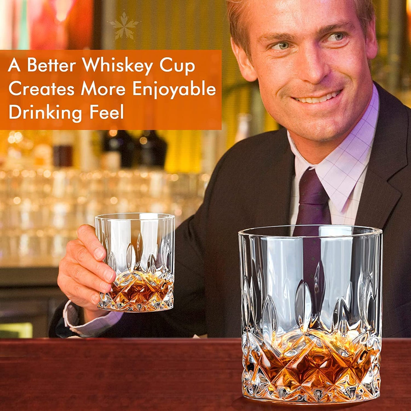 Whiskey Glasses Old Fashioned Glass Set of 6 Rocks Glasses 10oz Clear Whisky Glasses Lowball Glassware Drinking Tumblers Cups for Cognac Bourbon Cocktail Rum Brandy Bar Men
