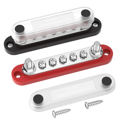 DaierTek 12v Bus Bar 150A Battery Power Distribution Block 12 Volt Positive & Negative Terminal Block Busbar 2 x 1/4" Terminal Studs 5 x #8 Terminal Screws with Cover for Marine Automotive Car