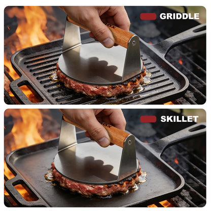 Smash Burger Press, CUSIMAX 5.5" Stainless Steel Burger Smasher, Round Smasher with Wood Handle, Smashburger Press for Griddle, Hamburger, Steak, Meat, Perfect for Flat Top Griddle Grill Cooking