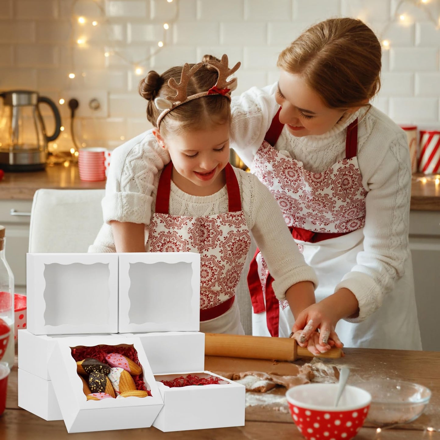 XINHPKGG 50 Pack Cookie Boxes 6x6x3 Inch Bakery Boxes with Window Treat Box Dessert Box for Macaron Mini Cake Chocolate Covered Strawberries Pastry - White