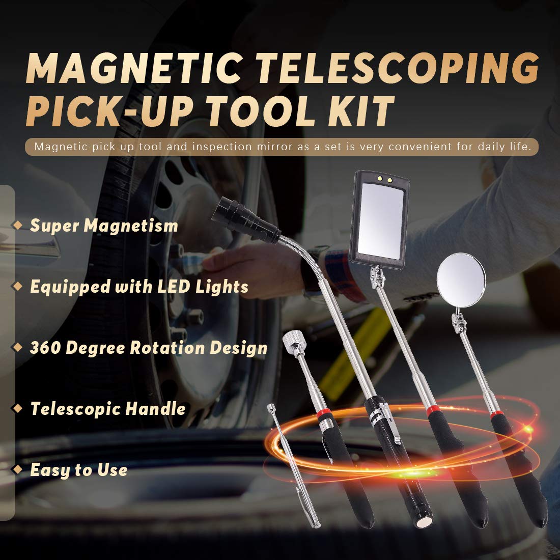 Swpeet 5Pcs Magnetic Telescoping Pick-up Tool Kit with Carry Case, 360 Swivel Adjustable Inspection Mirror, 15lb and 1lb Pick Up Rod and Telescoping Flexible LED Flashlight (Batteries Included)