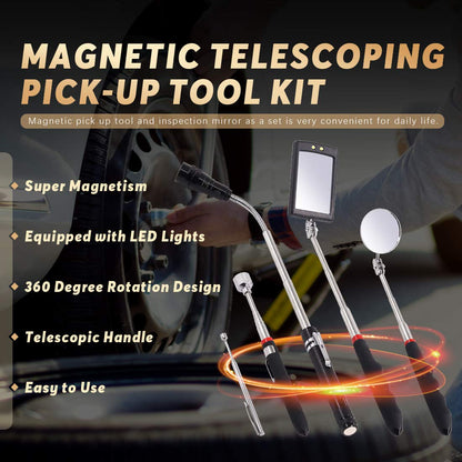 Swpeet 5Pcs Magnetic Telescoping Pick-up Tool Kit with Carry Case, 360 Swivel Adjustable Inspection Mirror, 15lb and 1lb Pick Up Rod and Telescoping Flexible LED Flashlight (Batteries Included)