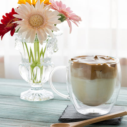 Cappuccino Glass Mugs, Set of 4 Double Walled Espresso Mug Cups Glass Mug Set, Insulated Drinking Glass Coffee Cups with Handle, Clear Glass Mugs for Latte, Cappuccino, Tea Bag, Juice (250ml /8.45oz)