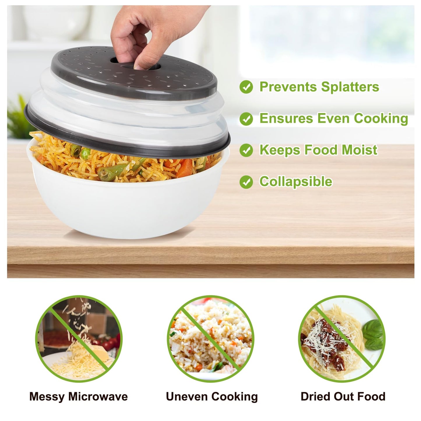 Beprezco Set of Three Microwave Cover for Food Black, Microwave Collapsible Splatter Cover Colander Lid, Dishwasher-Safe, BPA Free