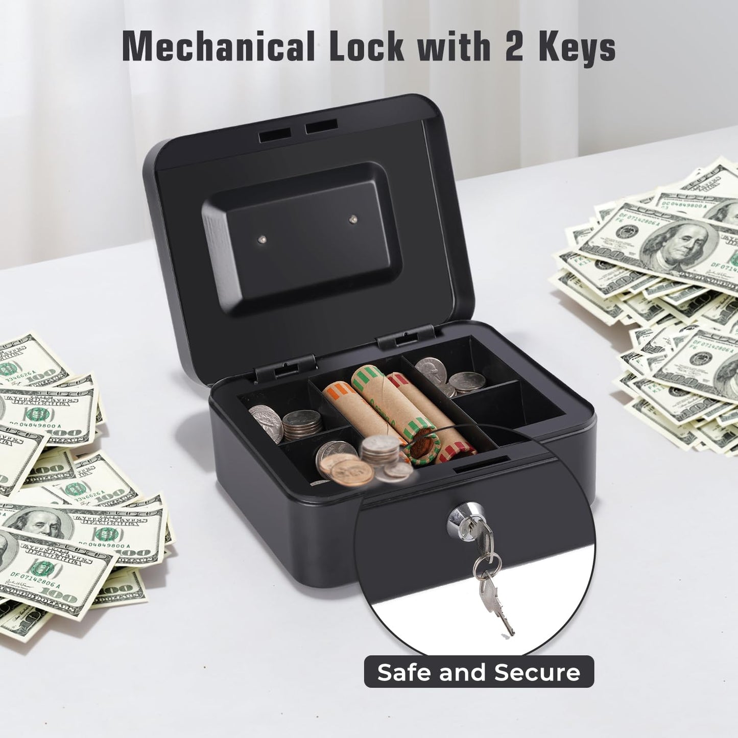 Cash Box with Money Tray and Lock Small Cash Box with Key Lock Box for Money 7.87 x 6.3 x 3.54 Inches Black