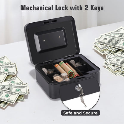 Cash Box with Money Tray and Lock Small Cash Box with Key Lock Box for Money 7.87 x 6.3 x 3.54 Inches Black