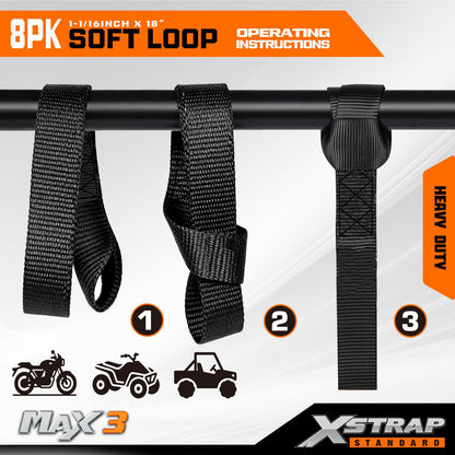 XSTRAP Standard 8PCS Soft Loop Tie-Down Straps1-1/16 x 18 inches - 3600LB Breaking Strength, Loops for Securing Trailering of Bikes, ATV, UTV, Motorcycles, Scooters, Dirt Bikes, Lawn Equipment, Blac