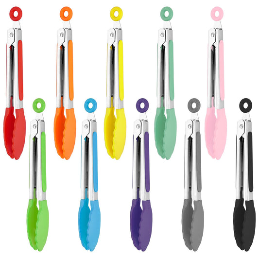 Worldity 10 Pcs 7 Inch Kitchen Tongs, Stainless Steel Small Serving Tongs with Nylon Tips and Locking Ring, 10 Assorted Colors Salad Tongs for Serving, Salad, BBQ, Party