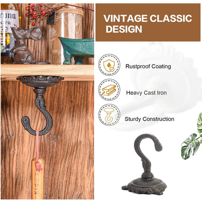 Sungmor Heavy Duty Ceiling Hooks for Hanging Plants, 2PC Black 3.5x3.9Inch Large Cast Iron Ceiling Hooks, Antique Decorative Ceiling Swag Hooks for Hanging Planter Chandelier Wind Chime Lantern Hanger