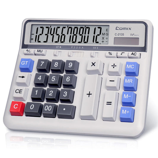 Comix Desktop Calculator Solar Battery Dual Power with 12-Digit Large LCD Display and Large Computer Keys Standard Function Calculator for Home Office School, White