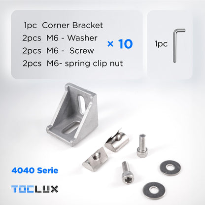 10 Sets Silver 4040 Aluminum Extrusion Corner Bracket Kit – 10pcs Corner Brackets, 20pcs M6 Spring T-Nuts & Hex Screws, 1 Ball-End Hex Wrench – for 40 Series T Slot Extruded Aluminum Rail Accessories