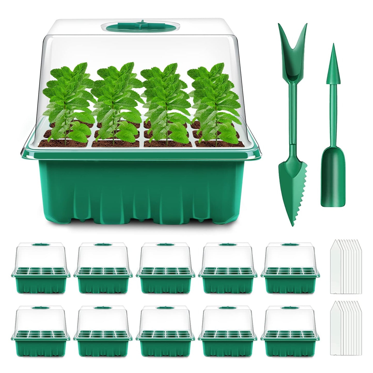 Verdenu Seed Starter Tray, 10 Pack 120 Cells Seed Starter Kit with Adjustable Humidity Dome, Upgrade Height Reusable Seed Starting Trays with Tools, Germination Kit for Seeds Starting